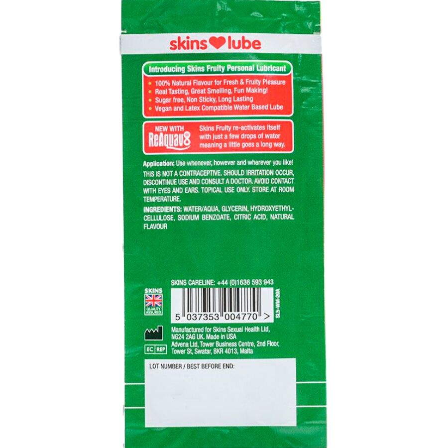 SKINS - LUBRIFICANTE À BASE DE ÁGUA COM SABOR DE MELANCIA - DOSE ÚNICA DE 5 M